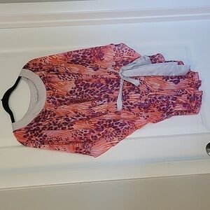 Rouge Collection Batwing Coral Orange Gray Purple Belted Blouse 1X NWT